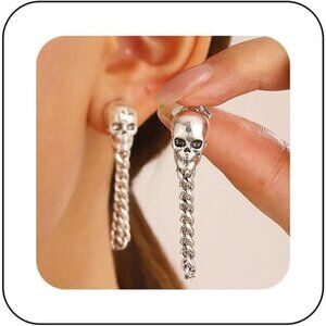 Vintage Skull Tassel Earrings | Silver Skeleton Chain Dangles | Gothic Punk